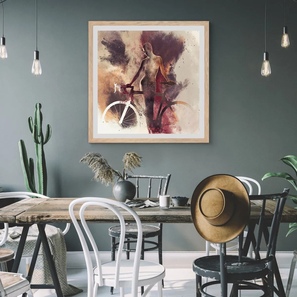 Plagát v ráme zo svetlého duba - Cyklistická duša v mramorových tvaroch - 50x50 cm