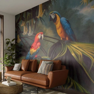 Samolepiaca Fototapeta Deluxe Sticker - Romantizmus v trópoch - Papagáj Ara, Zvieratá, Tropický les - 350x256 cm