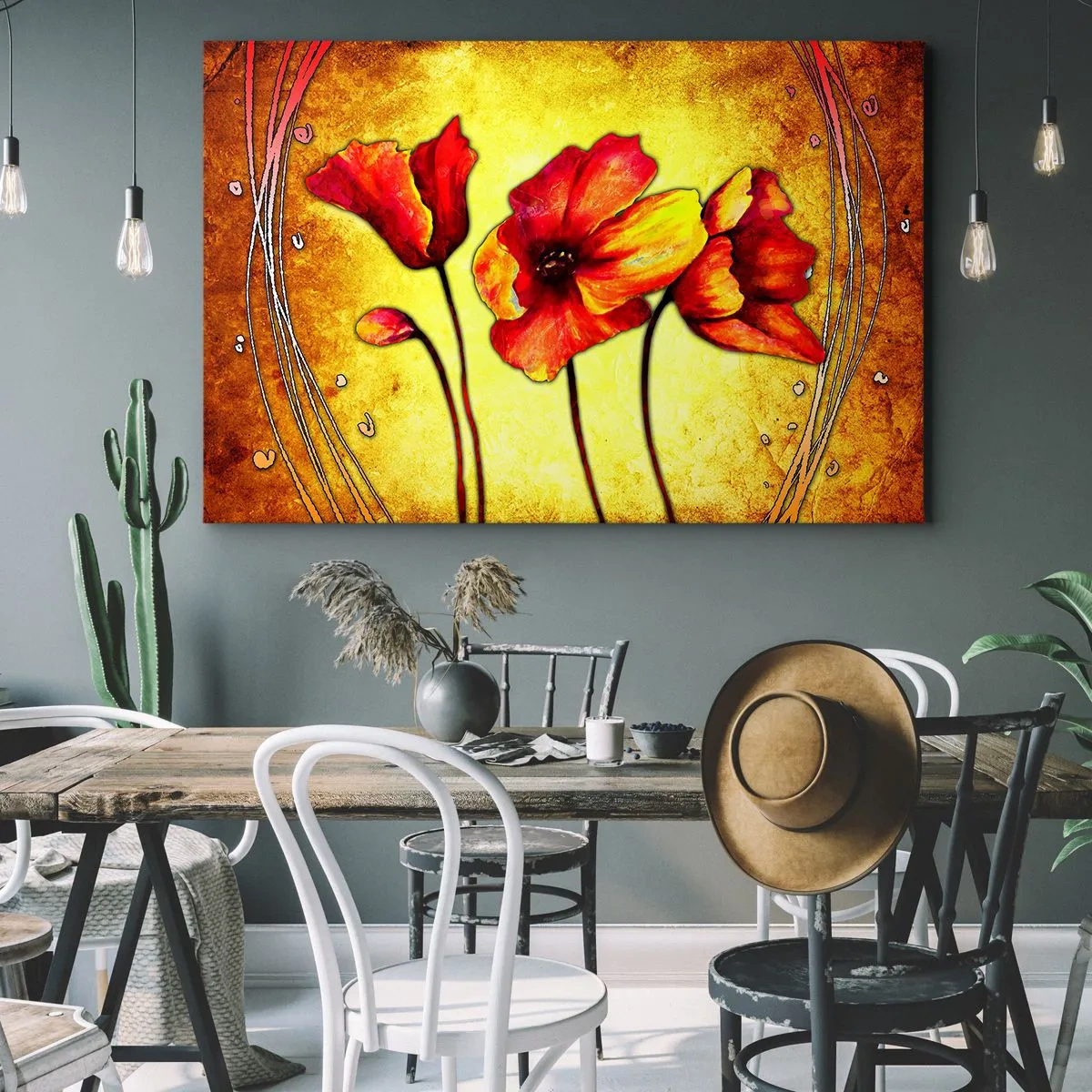 Obraz na plátne - Červené a žlté kvety na zlatom pozadí s ozdobnými vzormi - 70x50cm - V secesnej dekorácii - Moderná nástenná dekorácia do obývacej izby a spálne ARTTOR