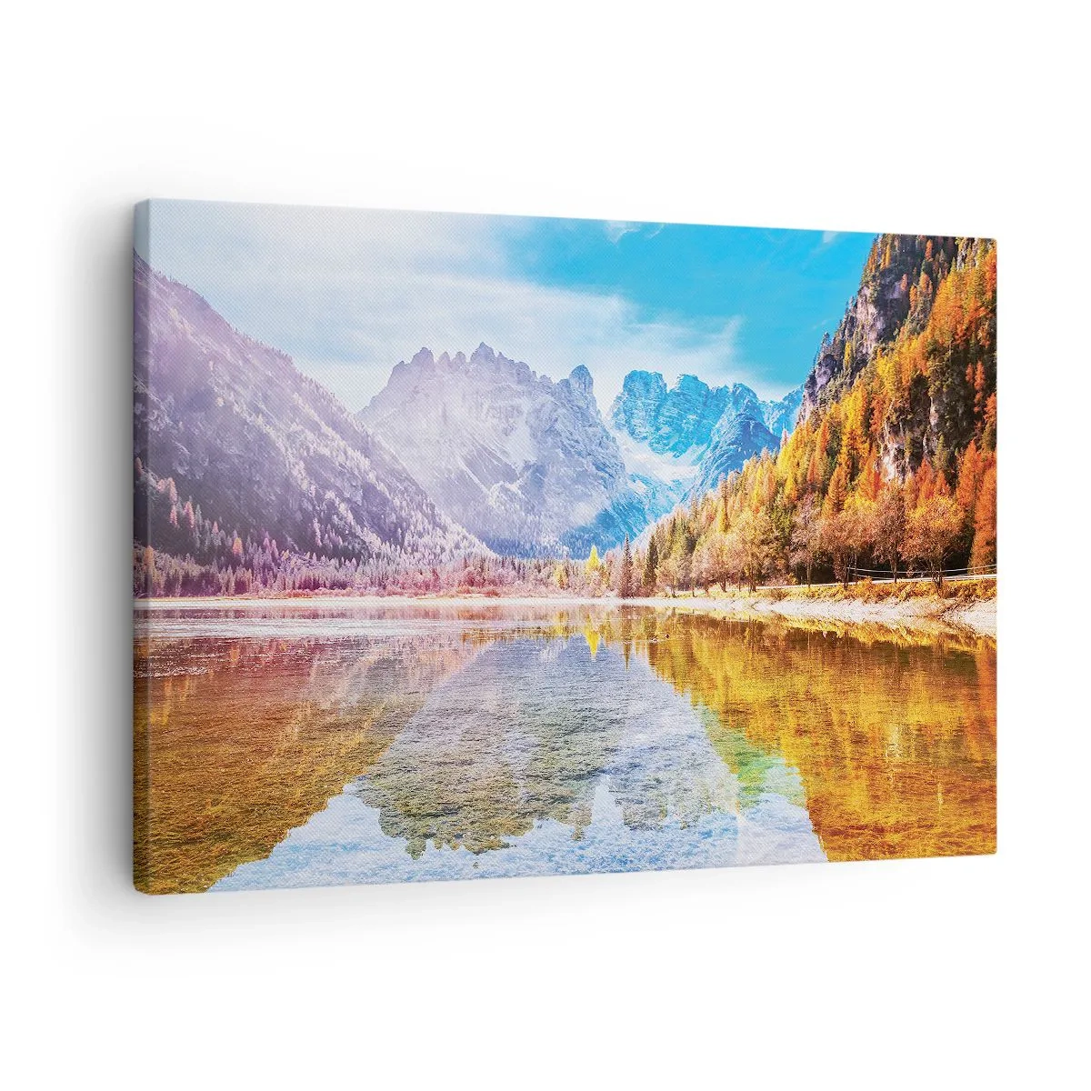 Obraz na plátne - Jesenná horská krajina s jazerom - 70x50cm - A v horách už je jeseň - Moderná nástenná dekorácia do obývacej izby a spálne ARTTOR