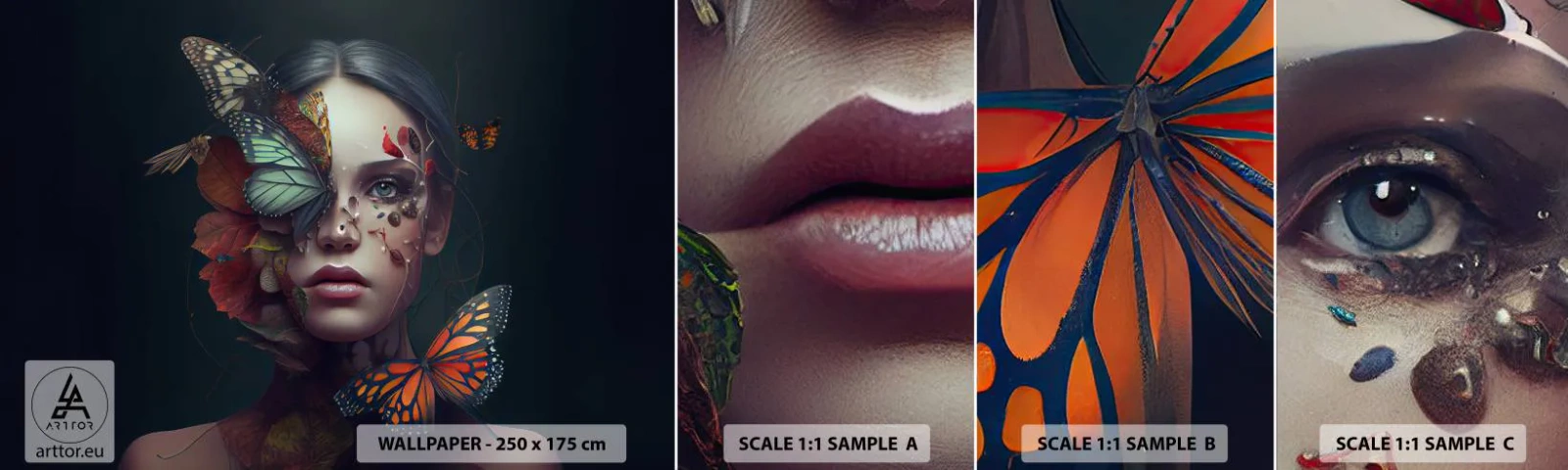 Vzorka samolepiacej fototapety Deluxe Sticker - Nádherná metamorfóza - Motýle, Tvár, Žena - 100x30 cm