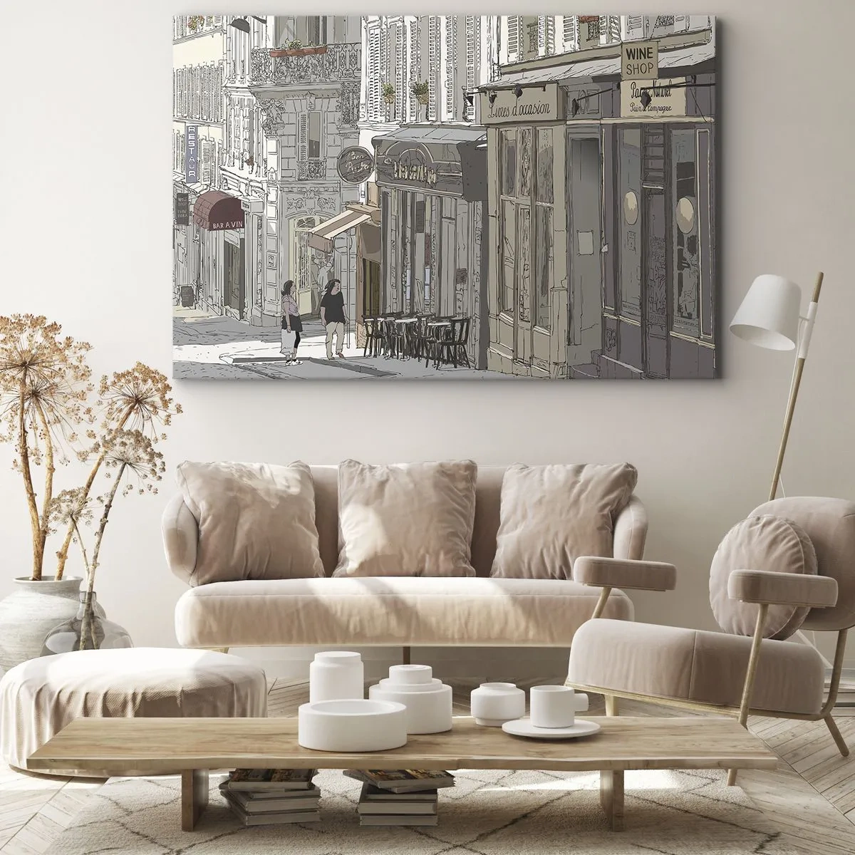Obraz na plátne - Ilustrácia mestskej ulice s kaviarňami a obchodmi - 70x50cm - Mestské radosti - Moderná nástenná dekorácia do obývacej izby a spálne ARTTOR