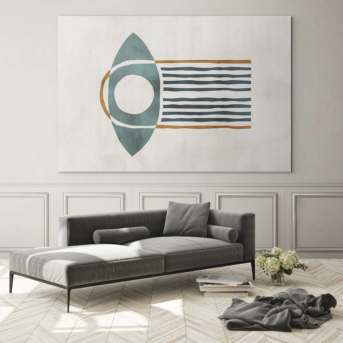 Obraz na skle - Geometrický tvar s kruhom a čiarami v odtieňoch zelenej a červenej. - 70x50cm - Znaky a rituály - Moderná nástenná dekorácia do obývacej izby a spálne ARTTOR