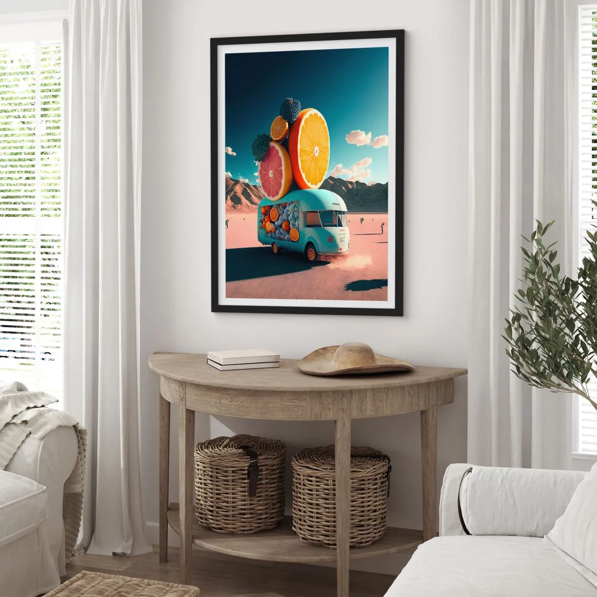 Plagát v čiernom ráme - Luxusný ovocný kamión v púšti - 50x70cm - Chuť prázdnin - Moderná nástenná dekorácia do obývacej izby a spálne ARTTOR