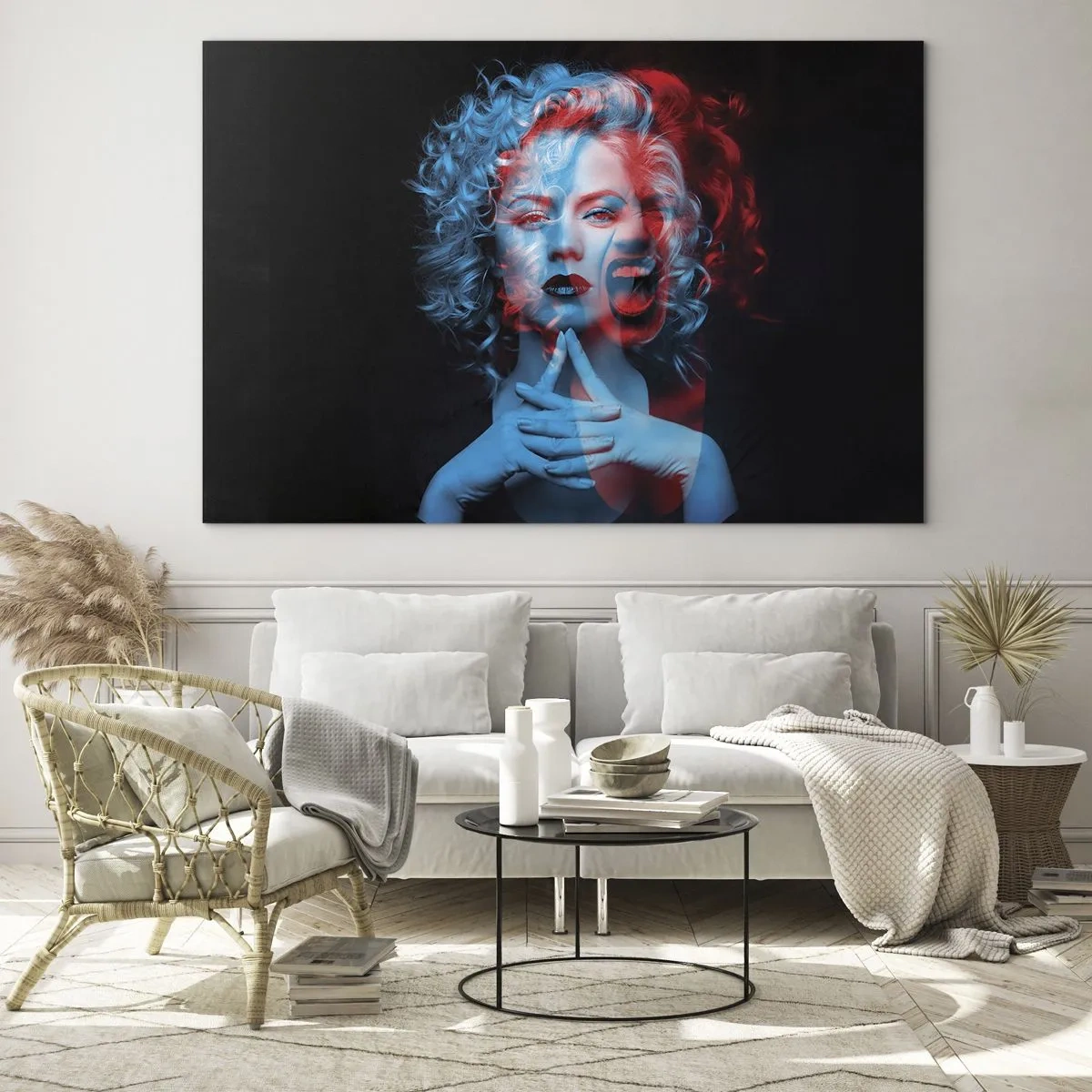 Obraz na skle - Portrét ženy s efektom farebného posunu v modrých a červených tónoch - 70x50cm - Alter ego - Moderná nástenná dekorácia do obývacej izby a spálne ARTTOR
