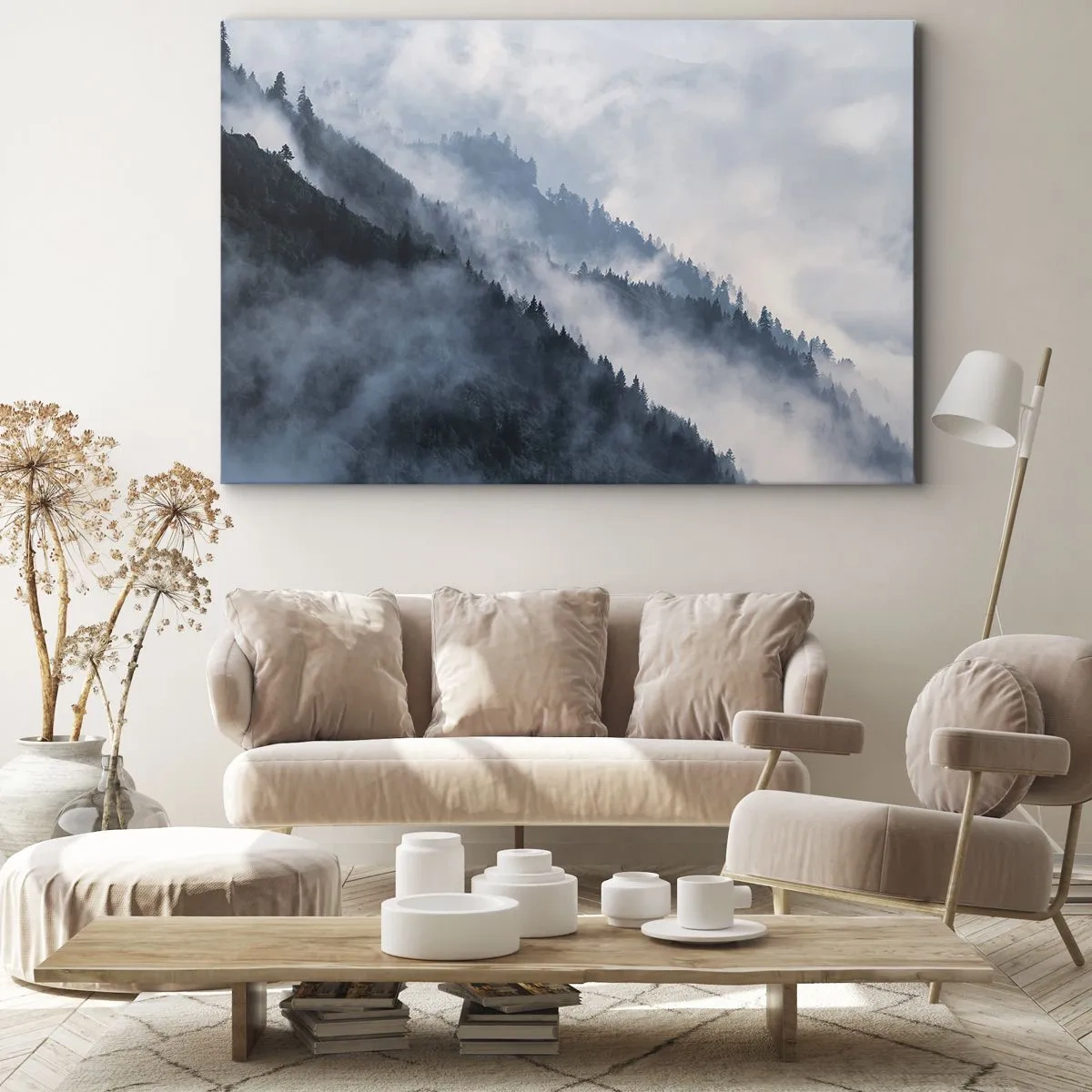 Obraz na plátne - Hmla sa vznáša nad zalesnenými horskými svahmi v tajomnej krajine - 70x50cm - Horská mystika - Moderná nástenná dekorácia do obývacej izby a spálne ARTTOR