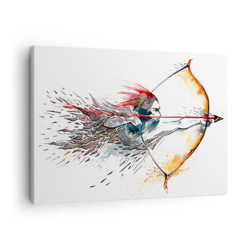 Obraz na plátne - Dynamická akvarelová maľba bojovníka s lukom a šípom - 70x50cm - Mýtický bojovník s ohnivým lukom - Moderná nástenná dekorácia do obývacej izby a spálne ARTTOR