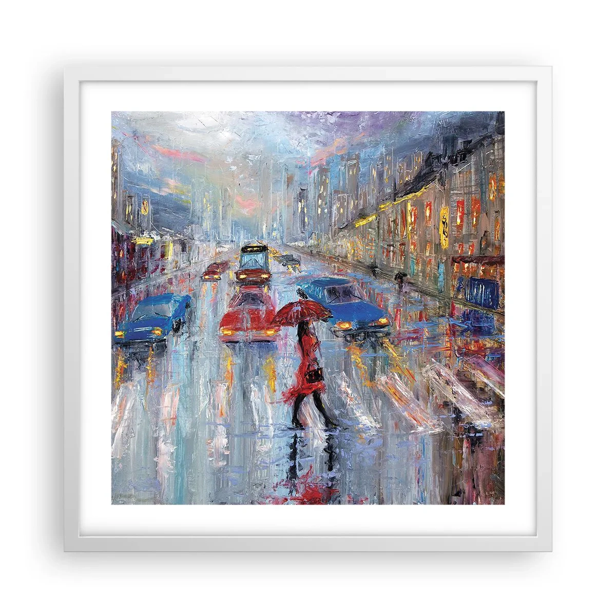 Plagát v bielom ráme - Daždivé popoludnie v meste - 50x50 cm