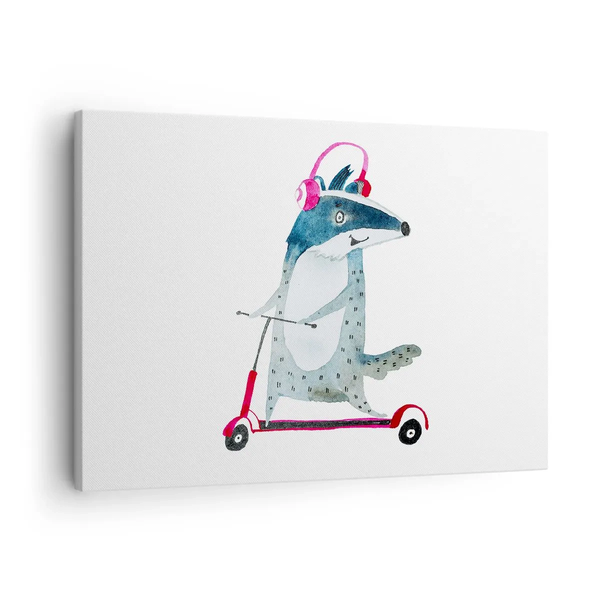 Obraz na plátne - Jazvec na kolobežke s ružovými slúchadlami - 70x50cm - Jazvečie radosti - Moderná nástenná dekorácia do obývacej izby a spálne ARTTOR
