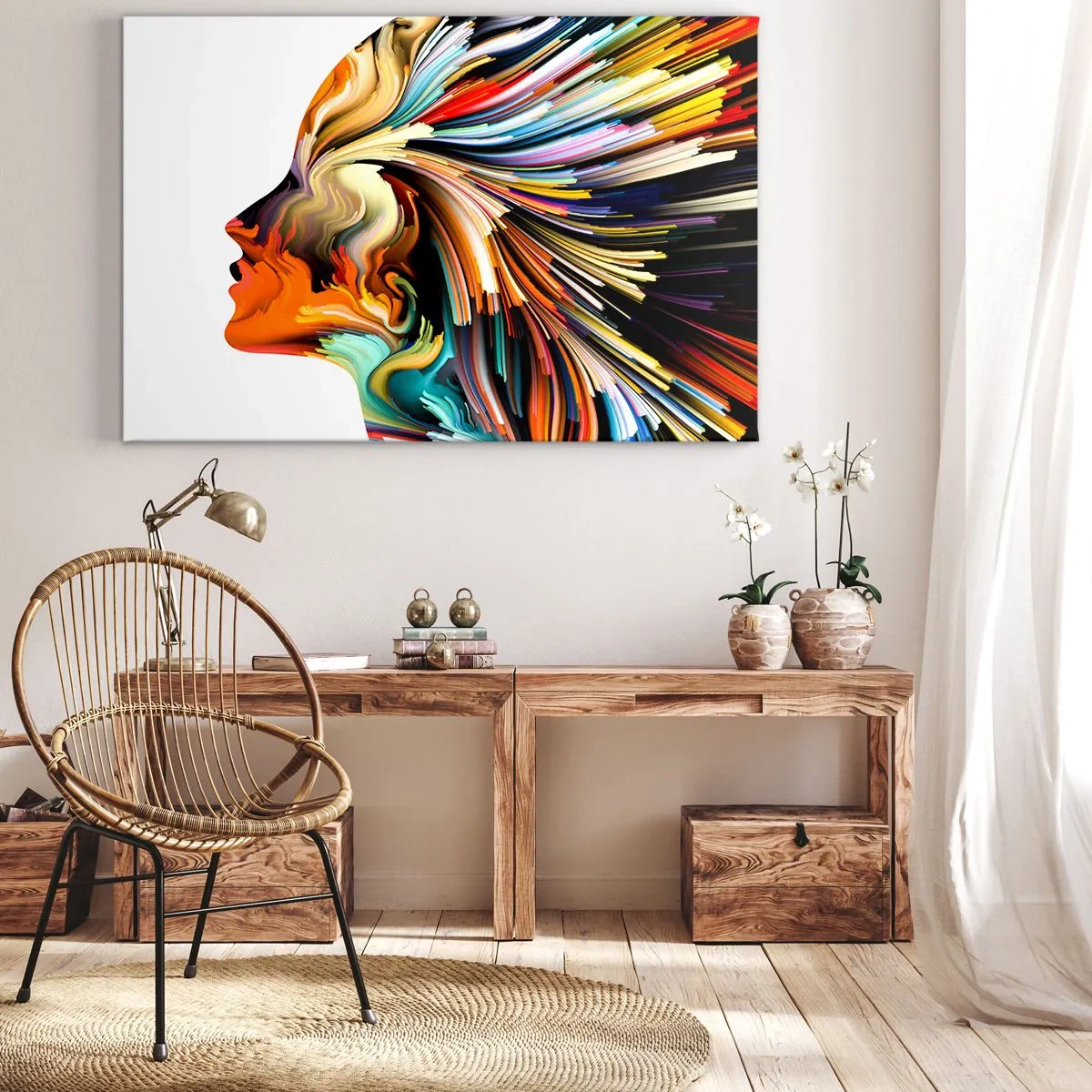 Obraz na plátne - Abstraktný profil tváre s farebnými dynamickými čiarami. - 70x50cm - Explózia predstavivosti - Moderná nástenná dekorácia do obývacej izby a spálne ARTTOR