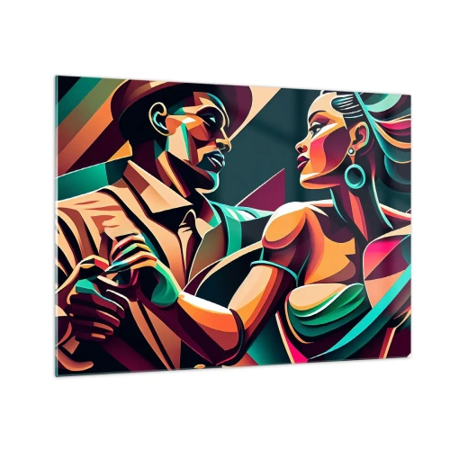 Obraz na skle - Farebný pár tancujúci v štýle art deco s dynamickým výrazom. - 70x50cm - V rytme srdca - Moderná nástenná dekorácia do obývacej izby a spálne ARTTOR