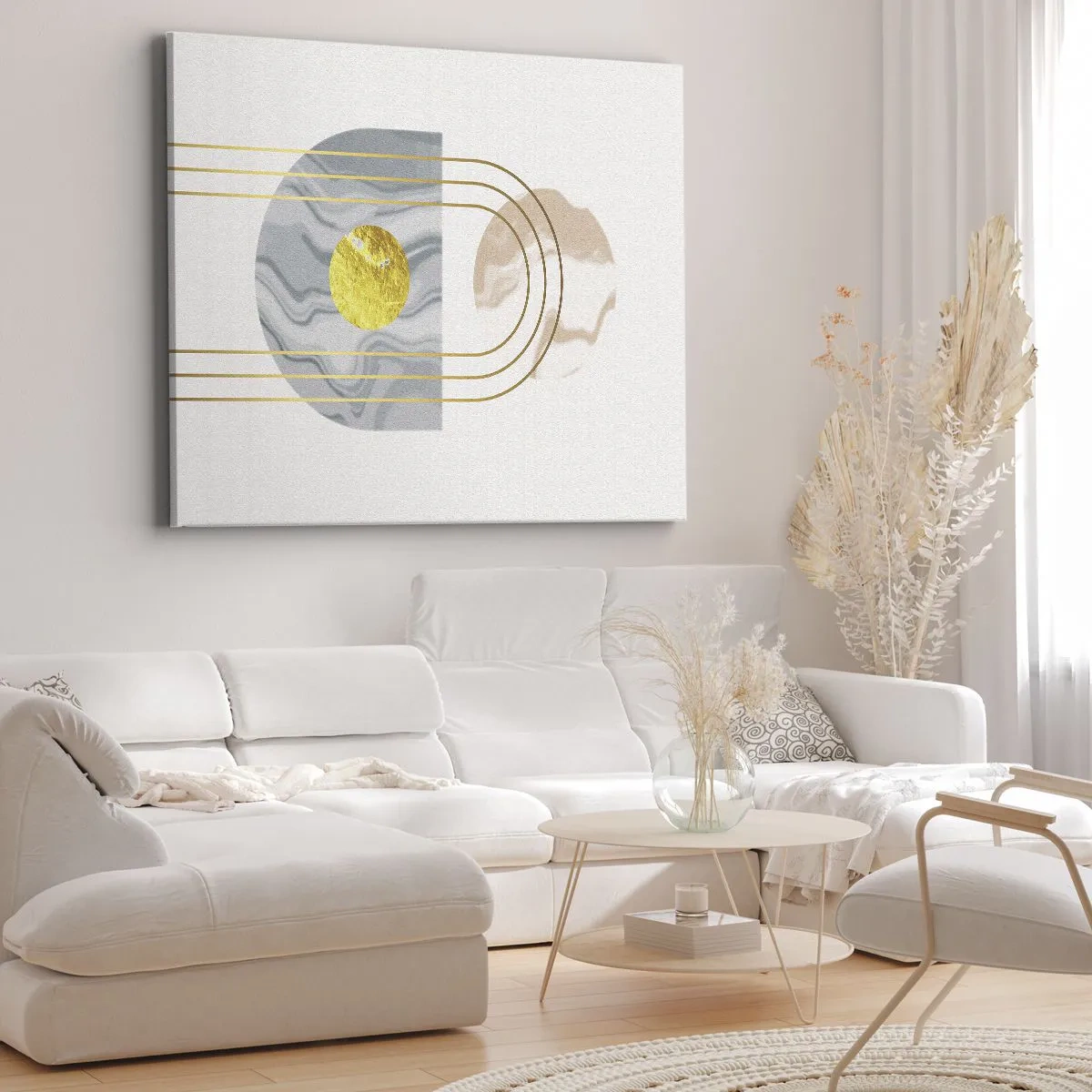 Obraz na plátne - Abstraktná kompozícia s kruhmi a zlatými čiarami na svetlom pozadí. - 70x50cm - Jas a žiarivosť - Moderná nástenná dekorácia do obývacej izby a spálne ARTTOR