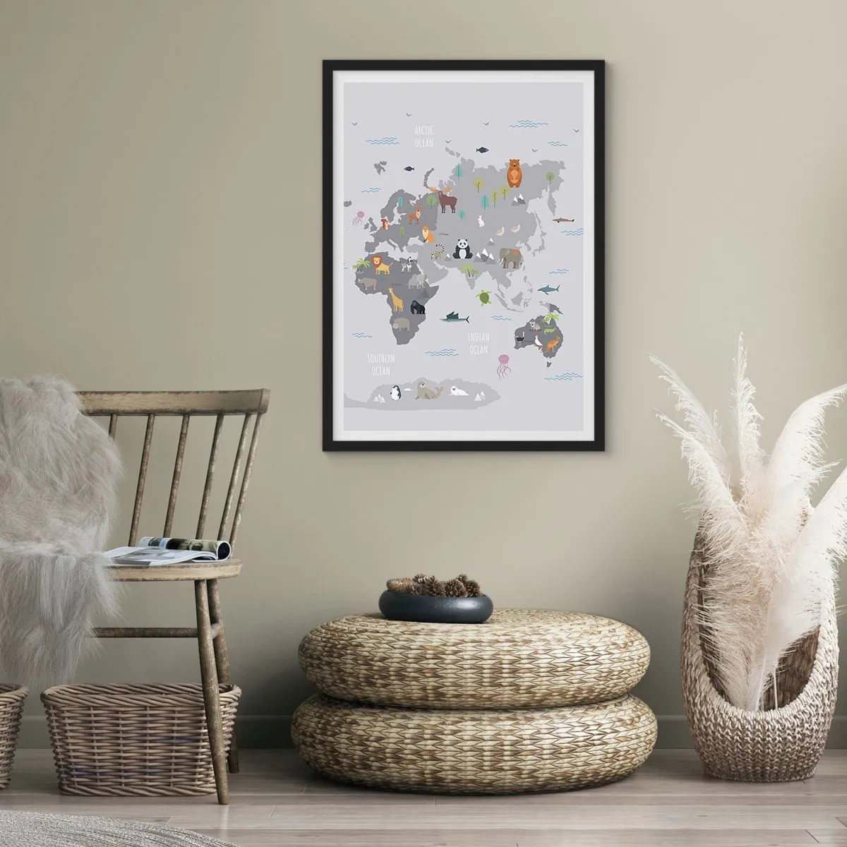 Plagát v čiernom ráme - Mapa sveta s farebnými zvieratkami pre deti - 50x70cm - Povedz mi, odkiaľ si... - Moderná nástenná dekorácia do obývacej izby a spálne ARTTOR