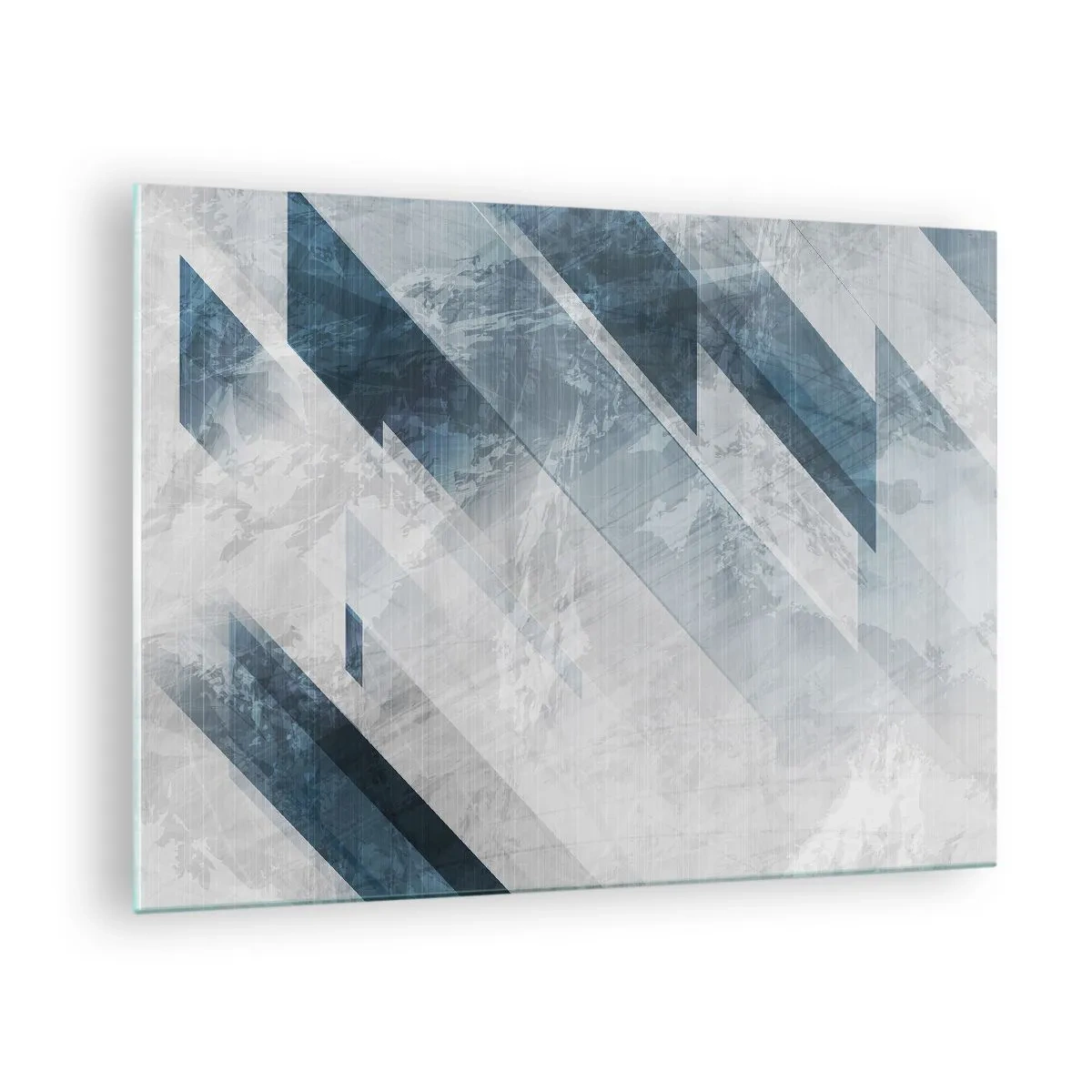 Obraz na skle - Geometrické pruhy v odtieňoch sivej a námorníckej modrej - 70x50cm - Priestorová kompozícia – pohyb šedej - Moderná nástenná dekorácia do obývacej izby a spálne ARTTOR