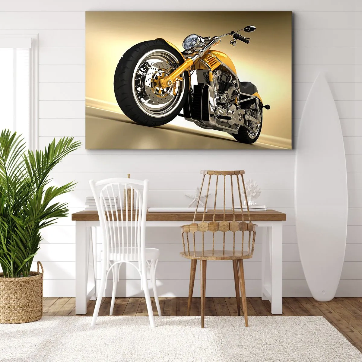 Obraz na plátne - Žltý motocykel v štýle chopperu oproti béžovej stene - 70x50cm - Sen o sile a rýchlosti - Moderná nástenná dekorácia do obývacej izby a spálne ARTTOR