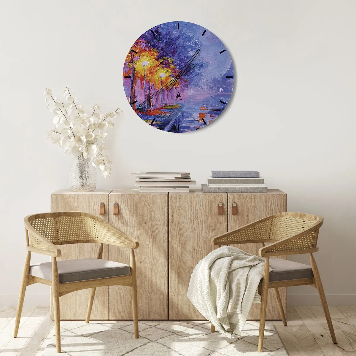 Nástenné hodiny - Impresionistická krajina s lampami a farebnými stromami - 30x30cm - Prechádzka snov - Moderná nástenná dekorácia do obývacej izby, kuchyne a spálne ARTTOR