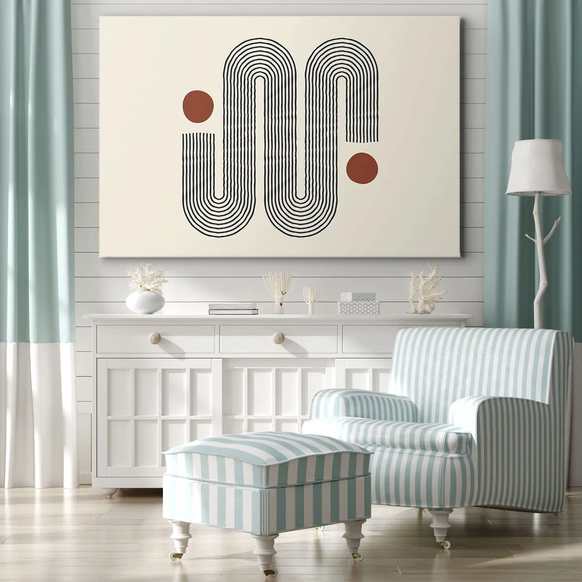 Obraz na plátne - Geometrický vzor s čiarami a oranžovými kruhmi - 70x50cm - Od začiatku do konca - Moderná nástenná dekorácia do obývacej izby a spálne ARTTOR