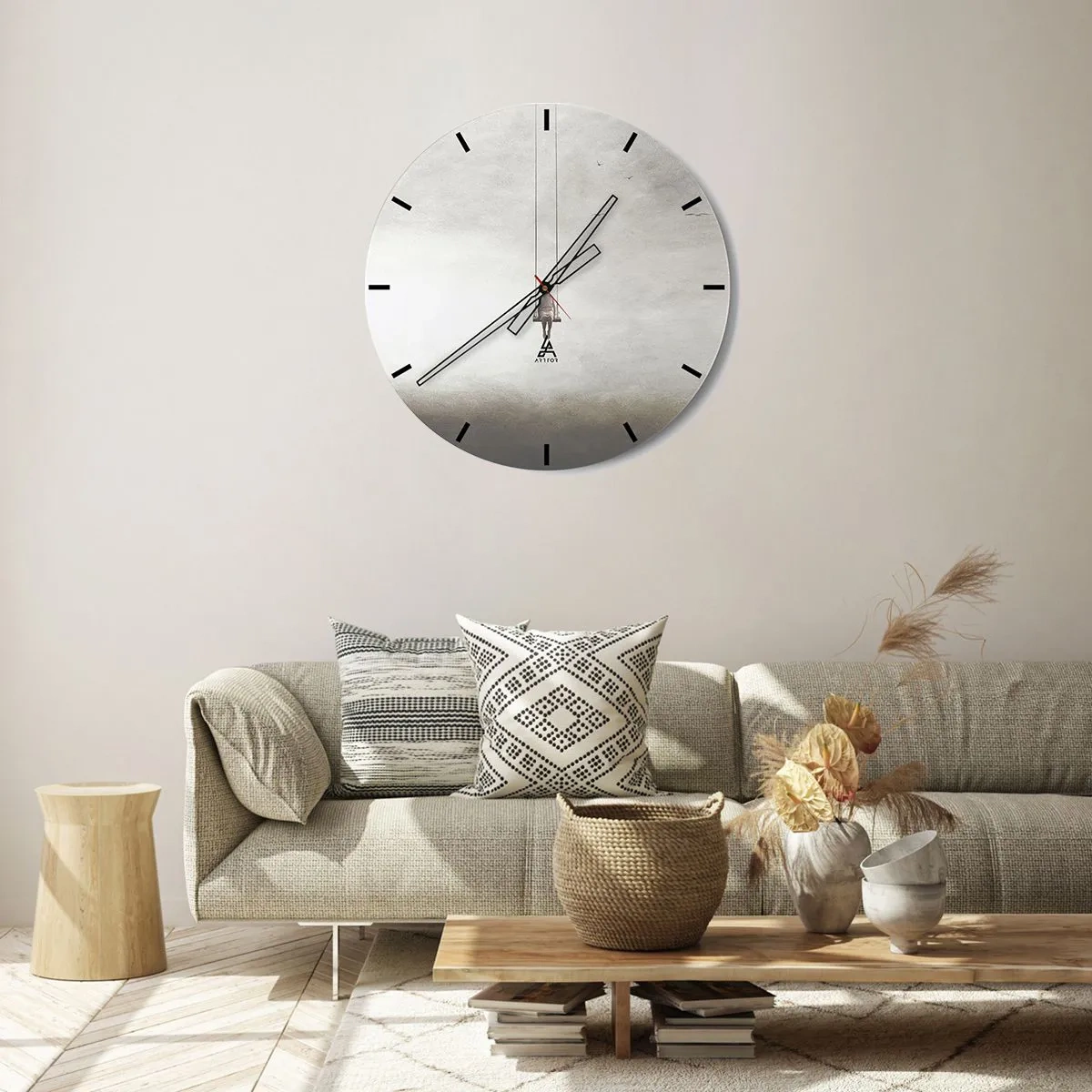 Nástenné hodiny - Postava na hojdačke zavesená v minimalistickom priestore - 30x30cm - Dieťa v nás - Moderná nástenná dekorácia do obývacej izby, kuchyne a spálne ARTTOR