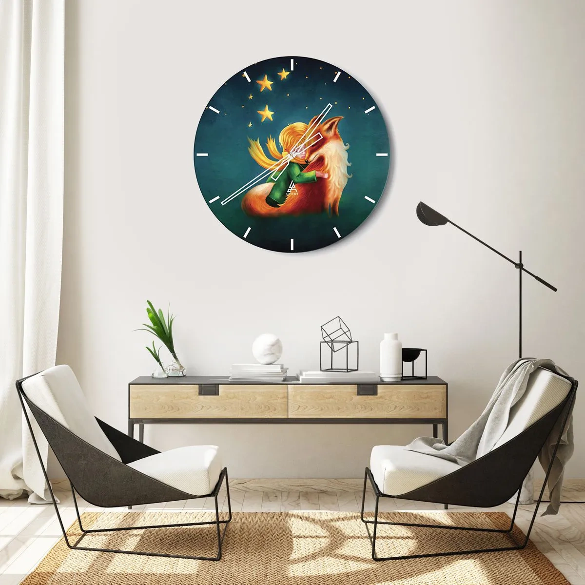 Nástenné hodiny - Malý princ objíma líšku pod hviezdnou oblohou - 30x30cm - Malý princ - Moderná nástenná dekorácia do obývacej izby, kuchyne a spálne ARTTOR