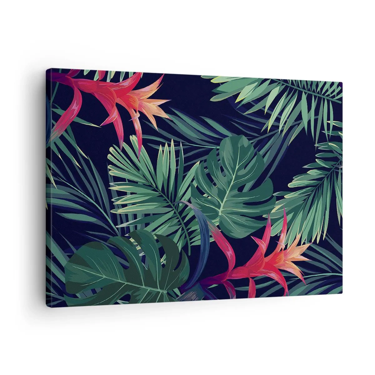 Obraz na plátne - Tropické listy a kvety na tmavom pozadí - 70x50cm - Vzplanúť v zelenom - Moderná nástenná dekorácia do obývacej izby a spálne ARTTOR