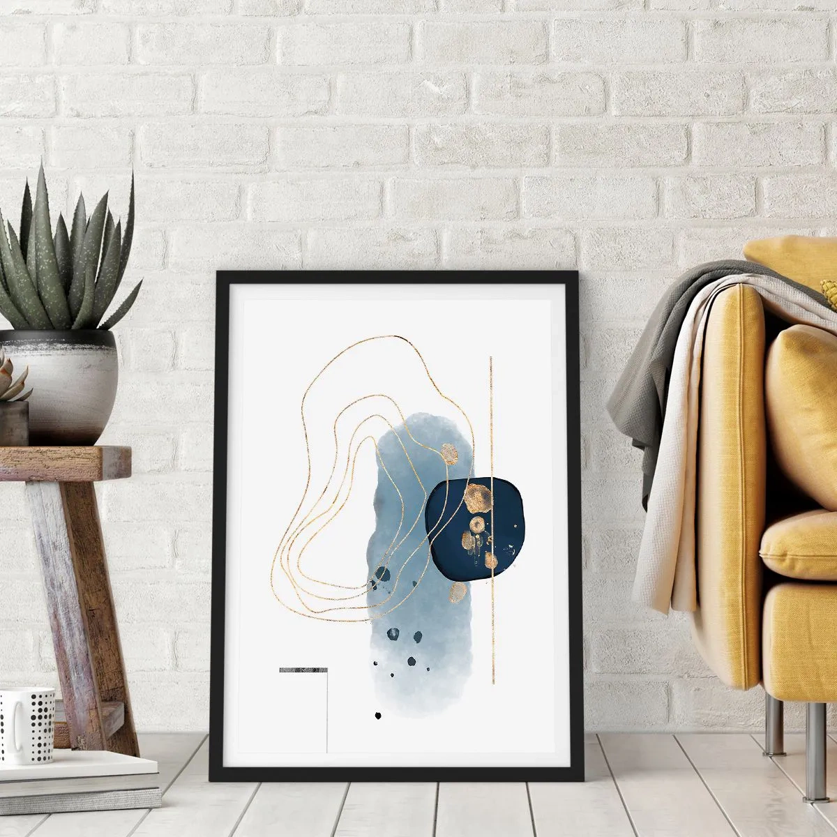Plagát v čiernom ráme - Moderná abstraktná kompozícia v odtieňoch modrej a zlatej. - 50x70cm - Modro-zlatá fantázia - Moderná nástenná dekorácia do obývacej izby a spálne ARTTOR