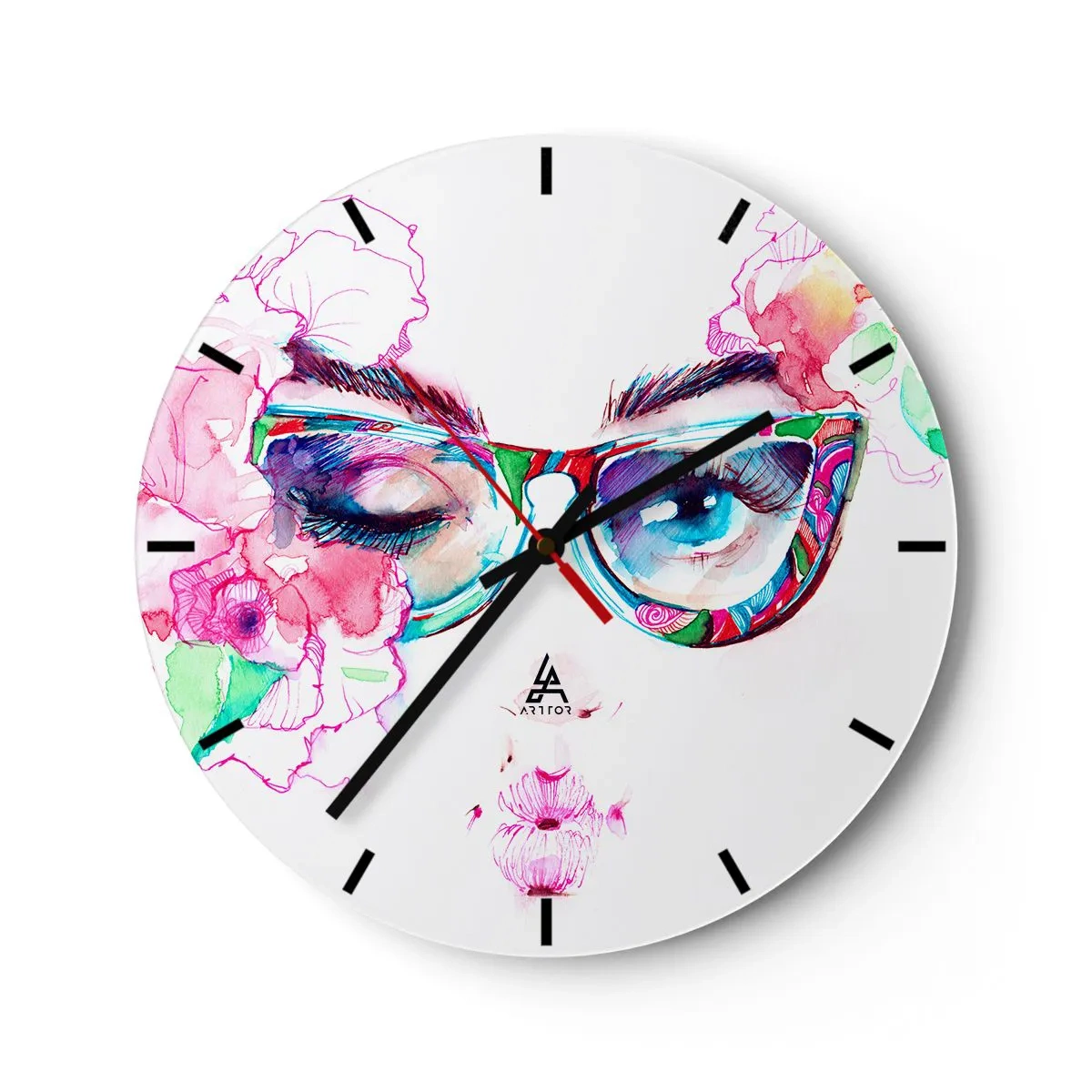 Nástenné hodiny - Akvarelová portrét s farebnými okuliarmi a kvetmi - 30x30cm - Zvodný sľub - Moderná nástenná dekorácia do obývacej izby, kuchyne a spálne ARTTOR