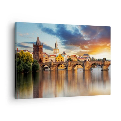 Obraz na plátne - Historický most cez rieku vo svetle zapadajúceho slnka - 70x50cm - Krásna od pradávna - Moderná nástenná dekorácia do obývacej izby a spálne ARTTOR