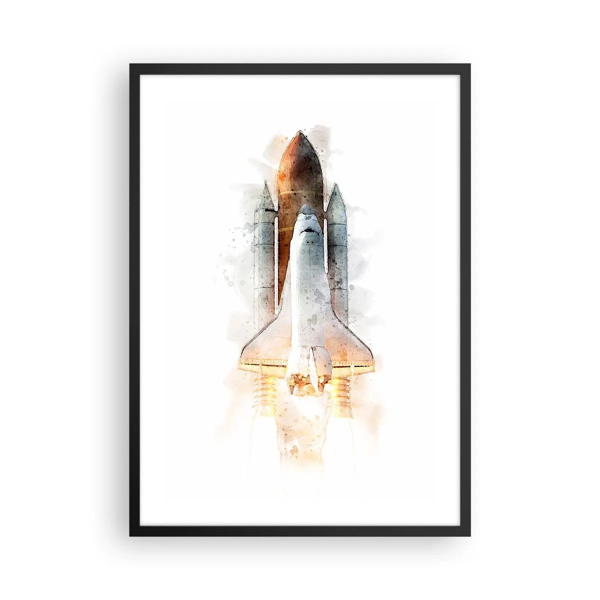 Plagát v čiernom ráme - Vzlet raketoplánu v akvarelovom štýle - 50x70cm - Prieskumníci do toho - Moderná nástenná dekorácia do obývacej izby a spálne ARTTOR