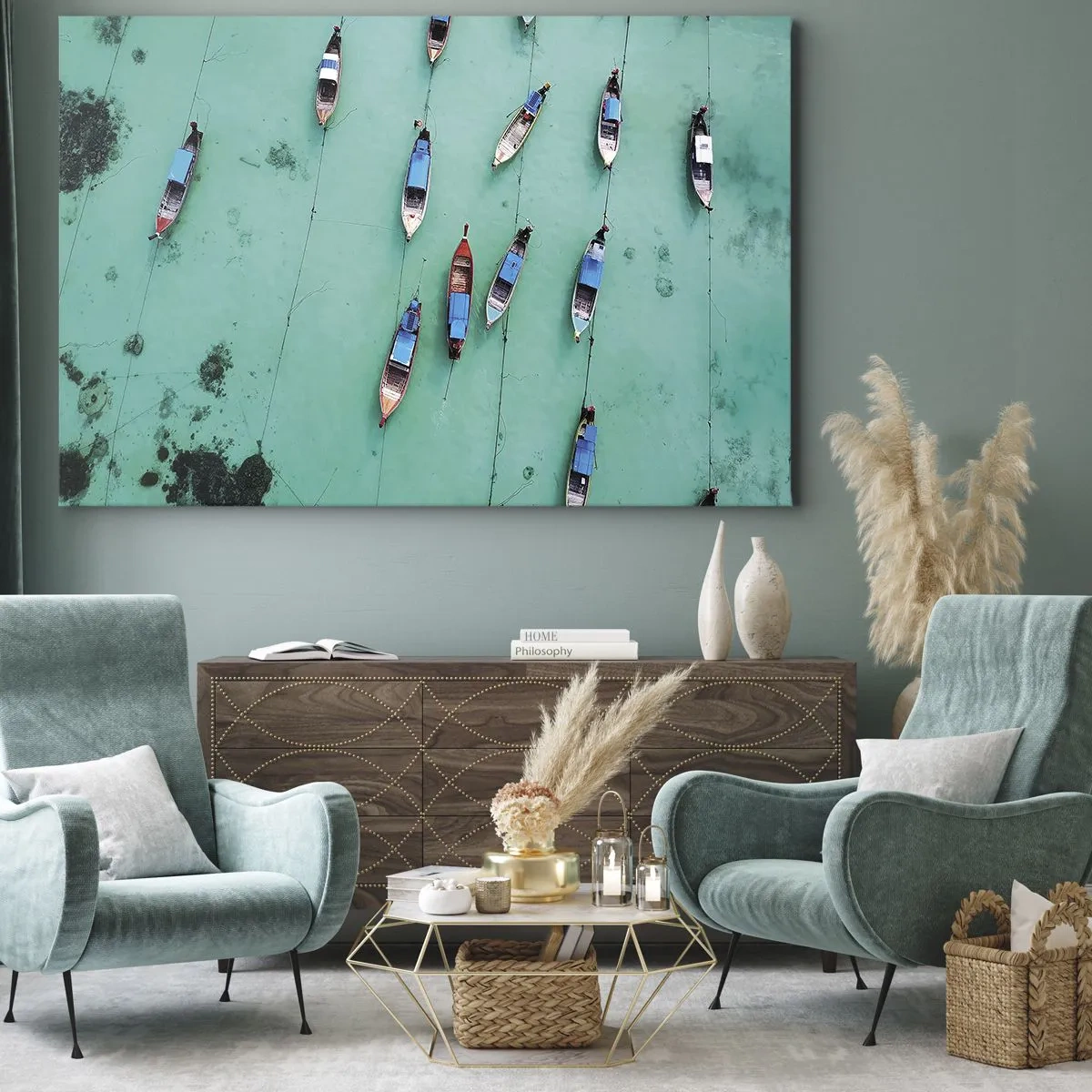 Obraz na plátne - Pohľad z vtáčej perspektívy na lode na tyrkysovej vode - 70x50cm - V radostnom očakávaní - Moderná nástenná dekorácia do obývacej izby a spálne ARTTOR