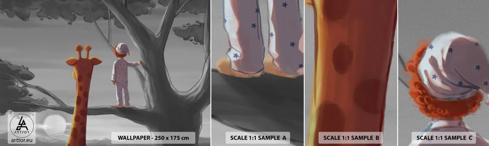 Vzorka samolepiacej fototapety Deluxe Sticker - To sa naozaj deje - Žirafa, Detský, Sen - 100x30 cm