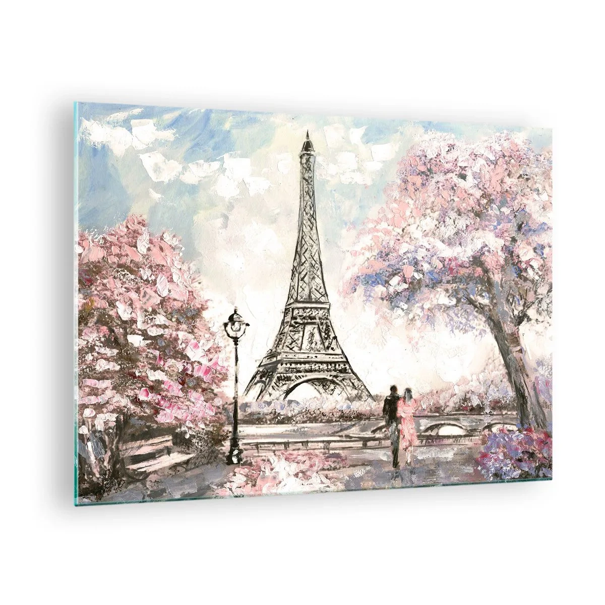 Obraz na skle - Ilustrácia Eiffelovej veže v jarnom prostredí - 70x50cm - Aprílová prechádzka Parížom - Moderná nástenná dekorácia do obývacej izby a spálne ARTTOR