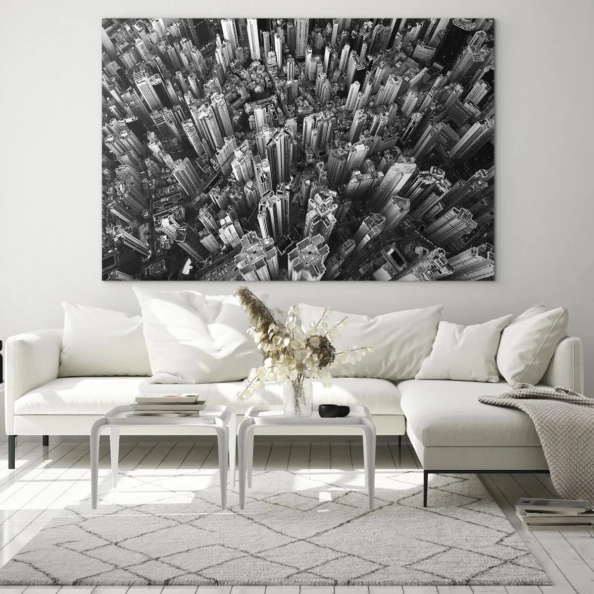 Obraz na skle - Čiernobiely pohľad na mesto z vtáčej perspektívy - 70x50cm - Stále vyššie a vyššie - Moderná nástenná dekorácia do obývacej izby a spálne ARTTOR
