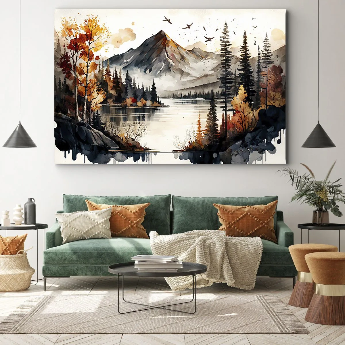 Obraz na plátne - Jesenná horská krajina s jazerom a stromami v akvarelových farbách - 70x50cm - Zlatá jeseň na horách - Moderná nástenná dekorácia do obývacej izby a spálne ARTTOR