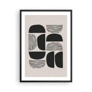 Plagát v čiernom ráme - Geometrická abstrakcia s čiernymi tvarmi a čiarami - 50x70cm - Polovičaté sústavy - Moderná nástenná dekorácia do obývacej izby a spálne ARTTOR