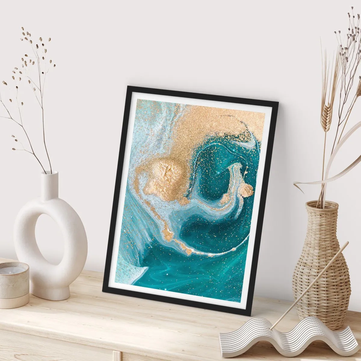 Plagát v čiernom ráme - Vír zlatej a tyrkysovej - 40x50 cm