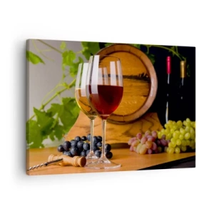 Obraz na plátne - Poháre vína s hroznom, sud a fľaše na drevenom stole - 70x50cm - Ako u starých majstrov - Moderná nástenná dekorácia do obývacej izby a spálne ARTTOR