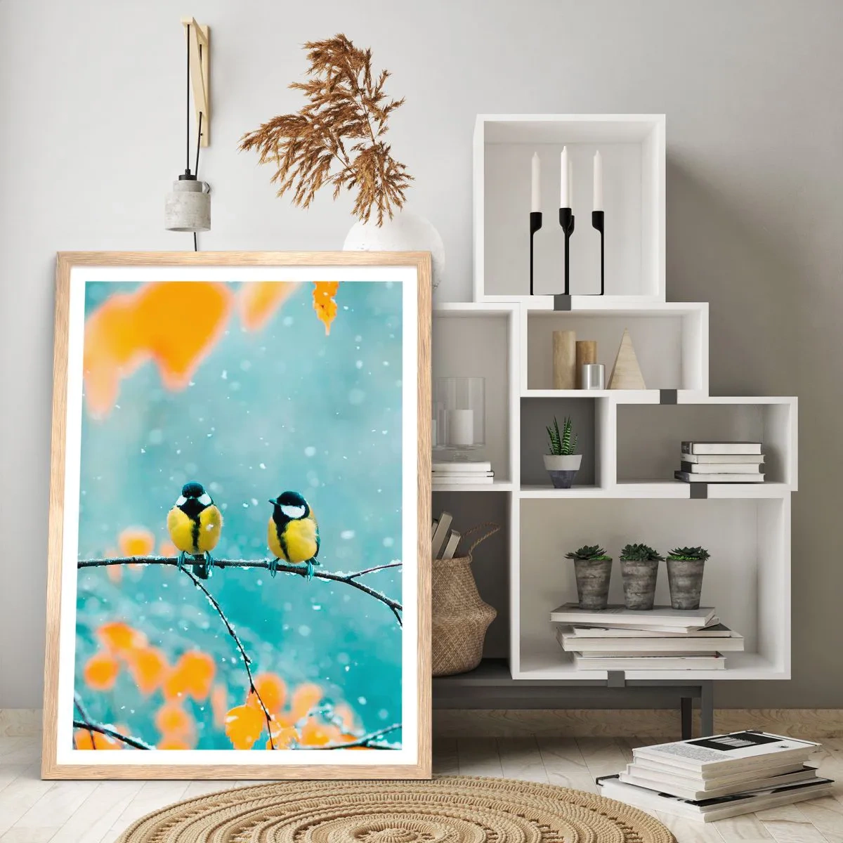 Plagát v ráme zo svetlého duba - Vtáčie klebety - 40x50 cm