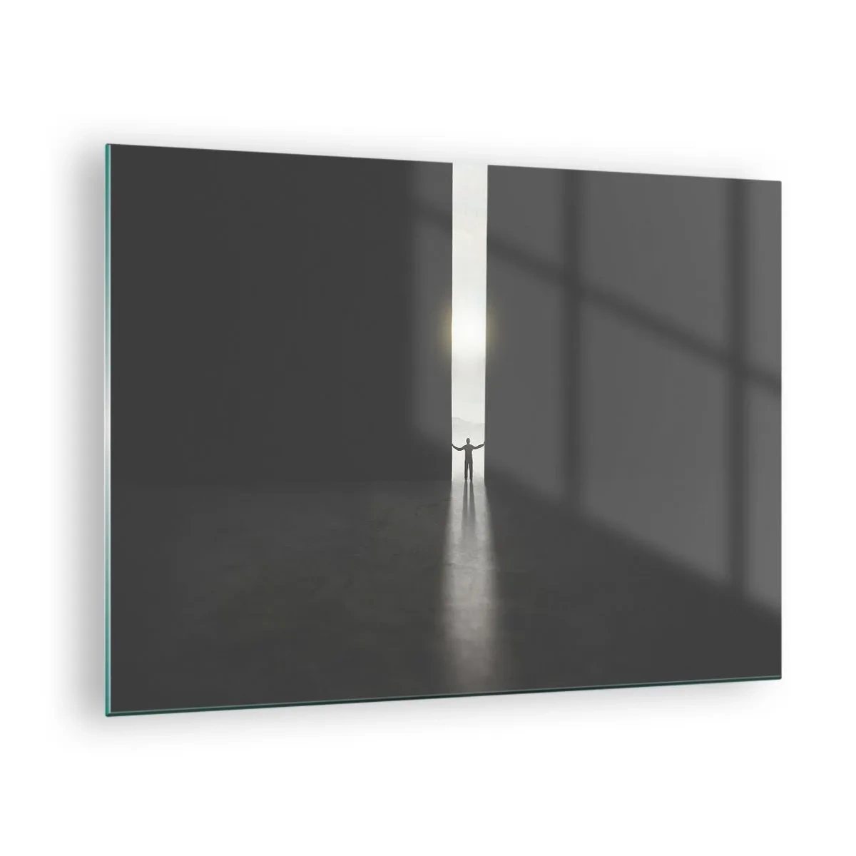 Obraz na skle - Silueta muža, ktorý otvára dvere do jasného svetla - 70x50cm - Krok k svetlej budúcnosti - Moderná nástenná dekorácia do obývacej izby a spálne ARTTOR