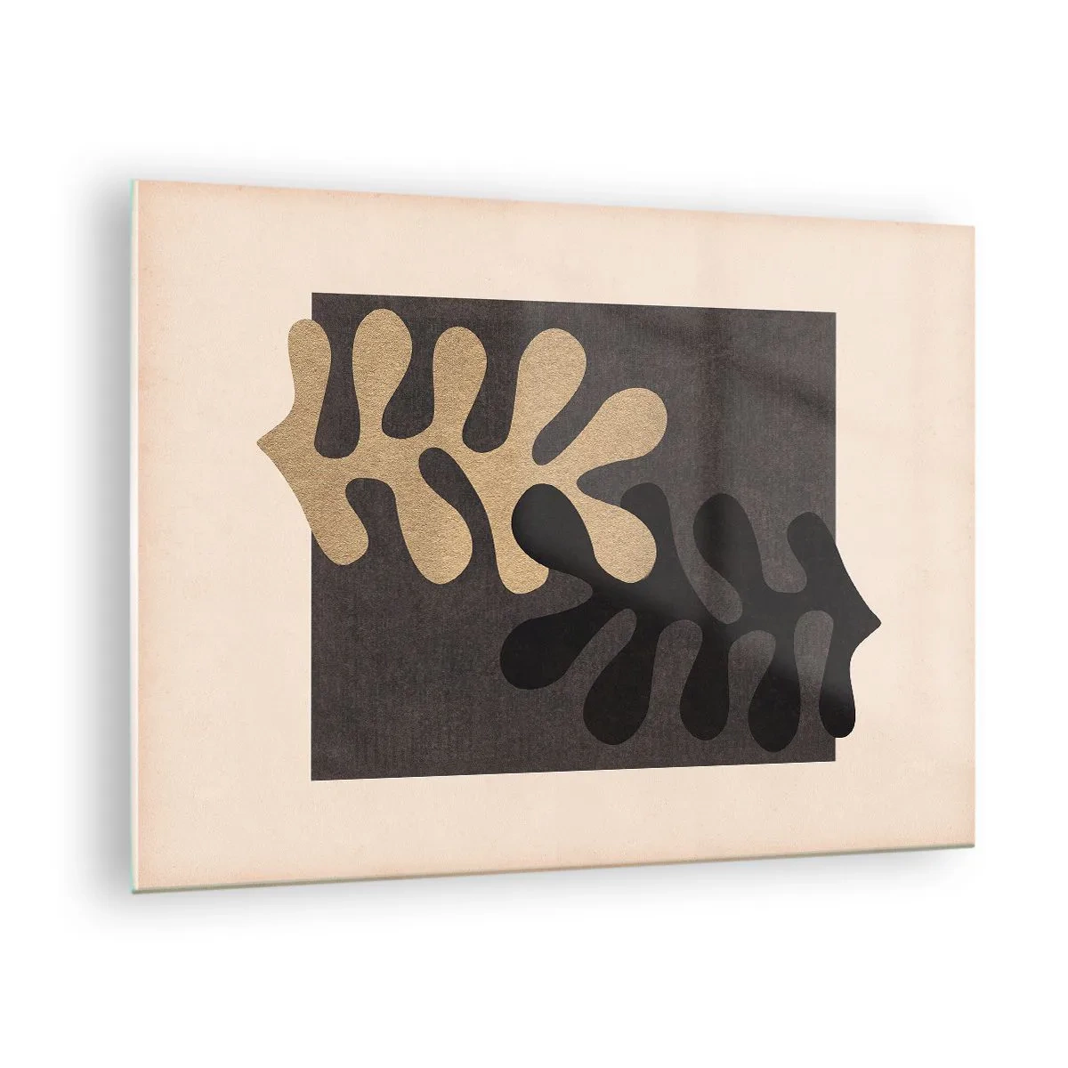 Obraz na skle - Abstraktné tvary v čiernej a béžovej farbe na geometrickom pozadí - 70x50cm - Neprítomnosť a doplnenie - Moderná nástenná dekorácia do obývacej izby a spálne ARTTOR