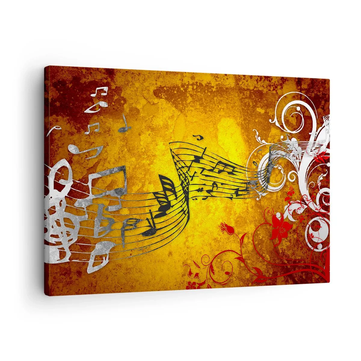 Obraz na plátne - Abstraktné hudobné noty na farebnom pozadí s ornamentami - 70x50cm - Nech znie hudba - Moderná nástenná dekorácia do obývacej izby a spálne ARTTOR
