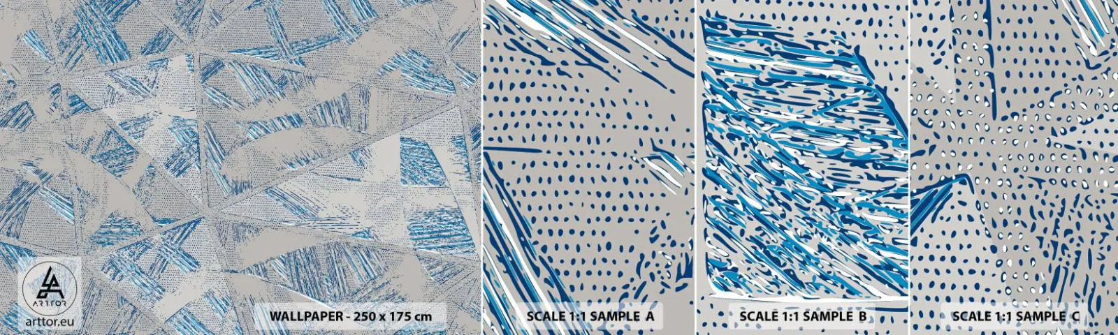 Vzorka samolepiacej fototapety Deluxe Sticker - V šedo-modrom labyrinte - Čmáranice, Svetlý, Chaos - 100x30 cm