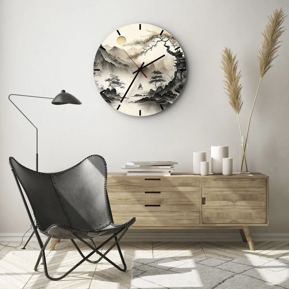 Nástenné hodiny - Čínska maľba atramentom horskej krajiny s pagodou a hmlistým údolím - 30x30cm - Jedinečné kúzlo orientu - Moderná nástenná dekorácia do obývacej izby, kuchyne a spálne ARTTOR
