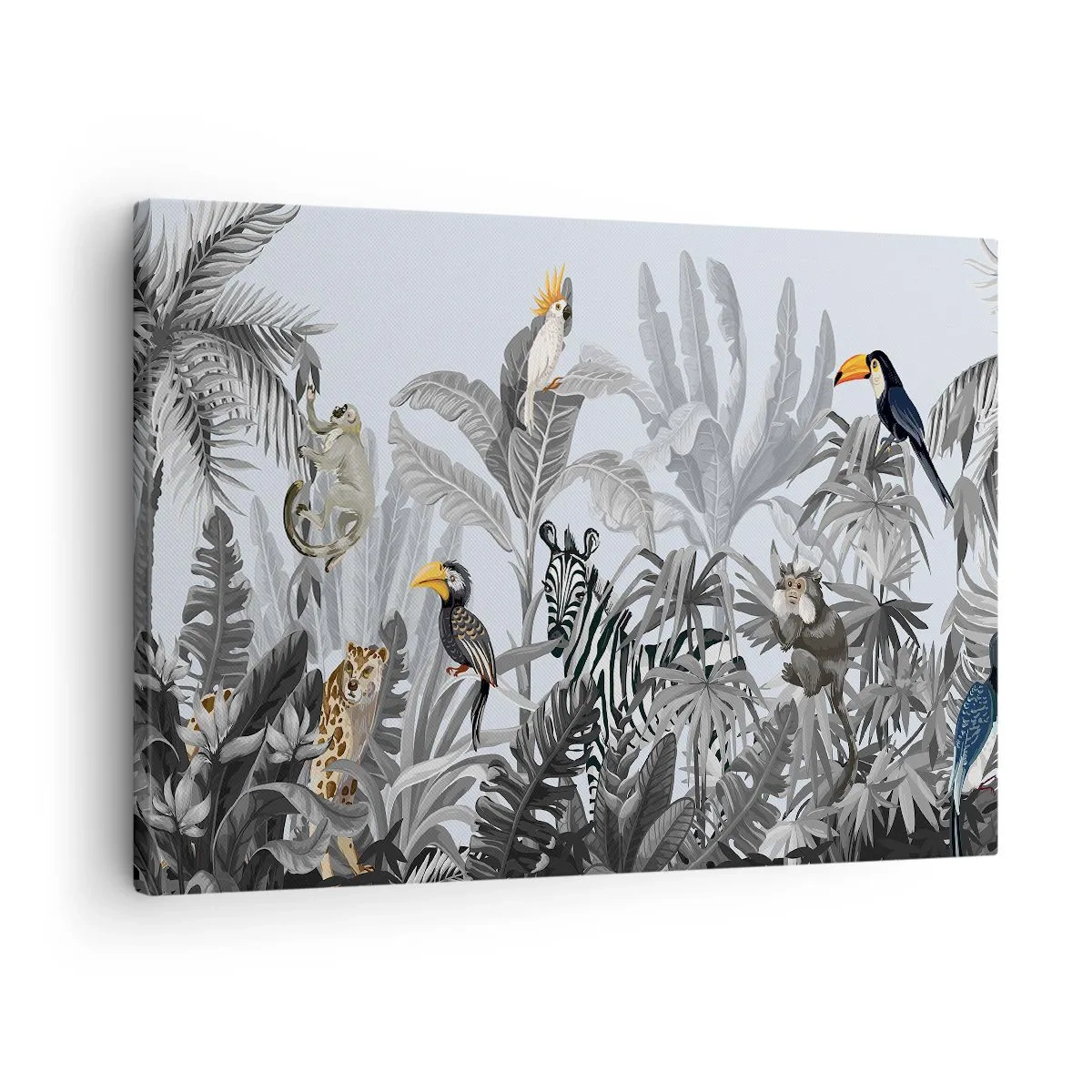 Obraz na plátne - Tropická džungľa s exotickými zvieratami na sivom pozadí - 70x50cm - Africká rozprávka - Moderná nástenná dekorácia do obývacej izby a spálne ARTTOR