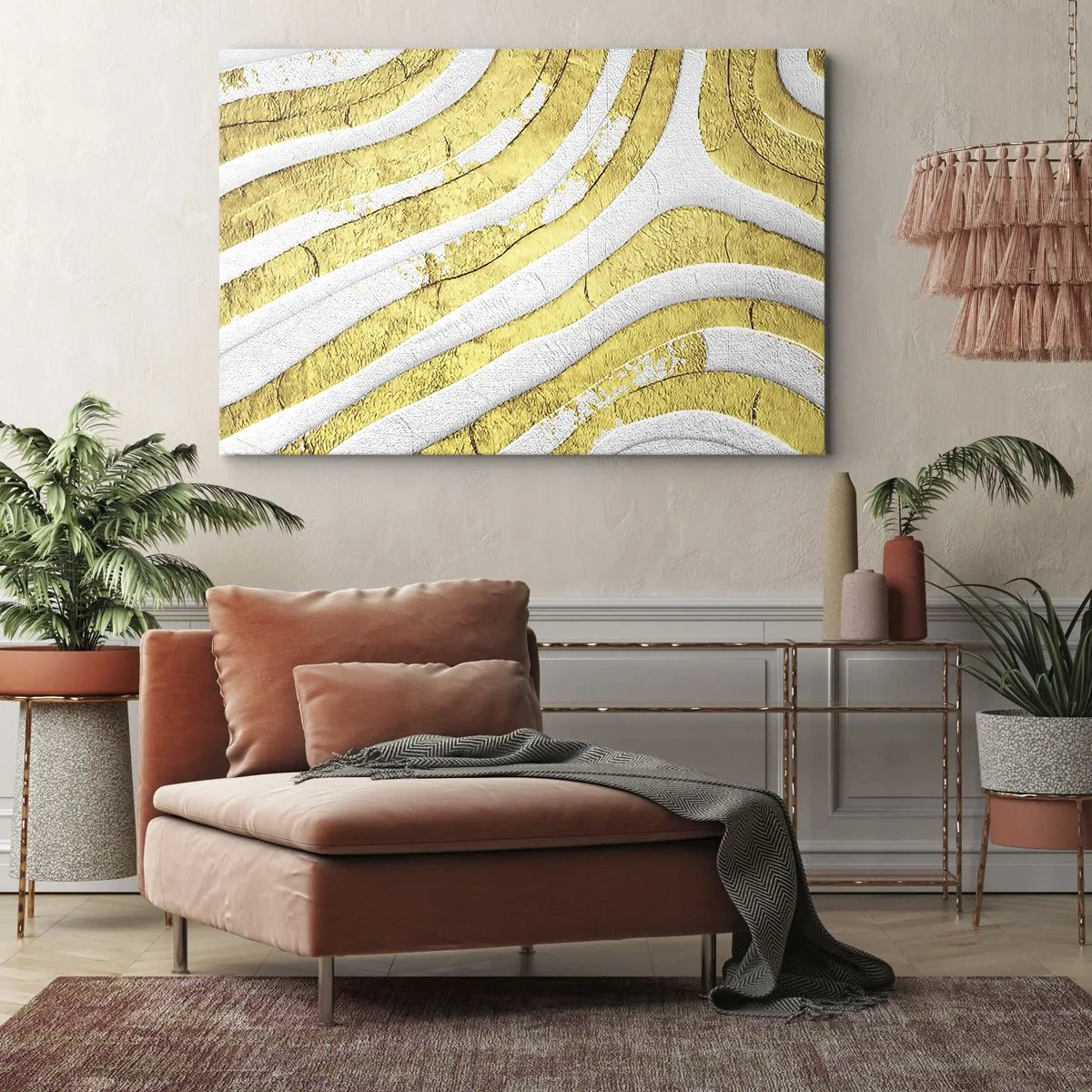 Obraz na plátne - Zlaté a biele abstraktné čiary v 3D textúre - 70x50cm - Kompozícia v bielej a zlatej - Moderná nástenná dekorácia do obývacej izby a spálne ARTTOR