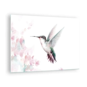 Obraz na skle - Farebný kolibrík v jemnom akvarelovom štýle - 70x50cm - Mávanie - Moderná nástenná dekorácia do obývacej izby a spálne ARTTOR
