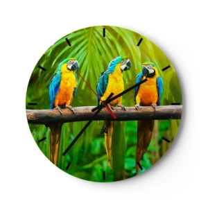 Nástenné hodiny - Tri papagáje ara na konári v tropickom prostredí - 30x30cm - Počula si, že ona…? - Moderná nástenná dekorácia do obývacej izby, kuchyne a spálne ARTTOR