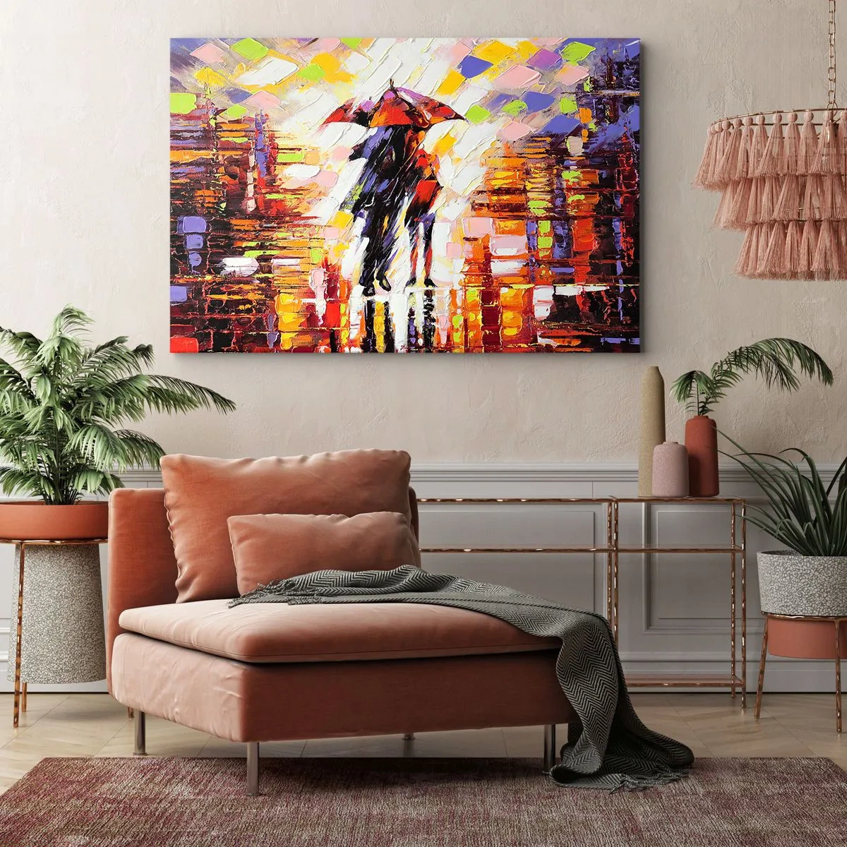 Obraz na plátne - Abstraktná scéna prechádzky pod dáždnikom v daždivú noc. - 70x50cm - Spoločne cez noc a dážď - Moderná nástenná dekorácia do obývacej izby a spálne ARTTOR