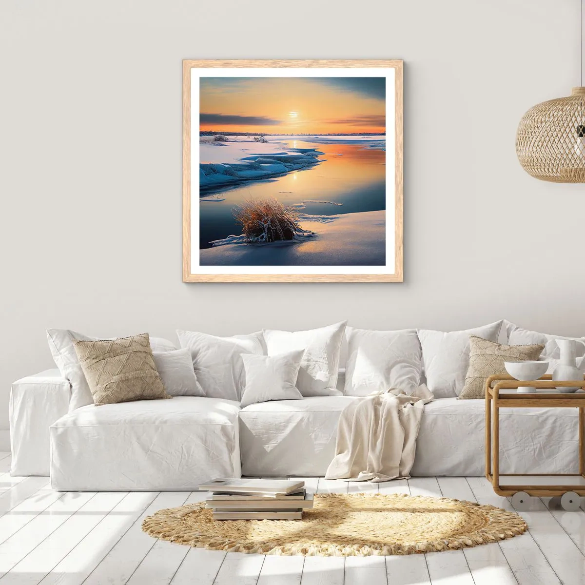 Plagát v ráme zo svetlého duba - Zimný západ slnka - 60x60 cm