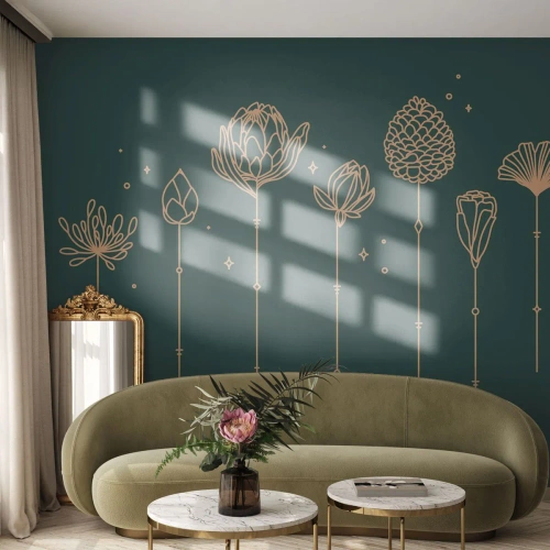 Fototapeta Standard Eco - Zlaté bylinky na tmavozelenom pozadí v lineárnom štýle. - 100x70cm - Bylinky - Moderná nástenná dekorácia do obývacej izby a spálne ARTTOR