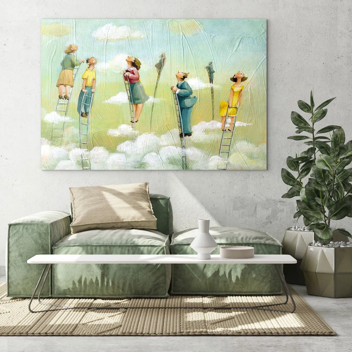 Obraz na skle - Postavy lezúce po rebríkoch medzi oblakmi - 70x50cm - Za svojim snom - Moderná nástenná dekorácia do obývacej izby a spálne ARTTOR